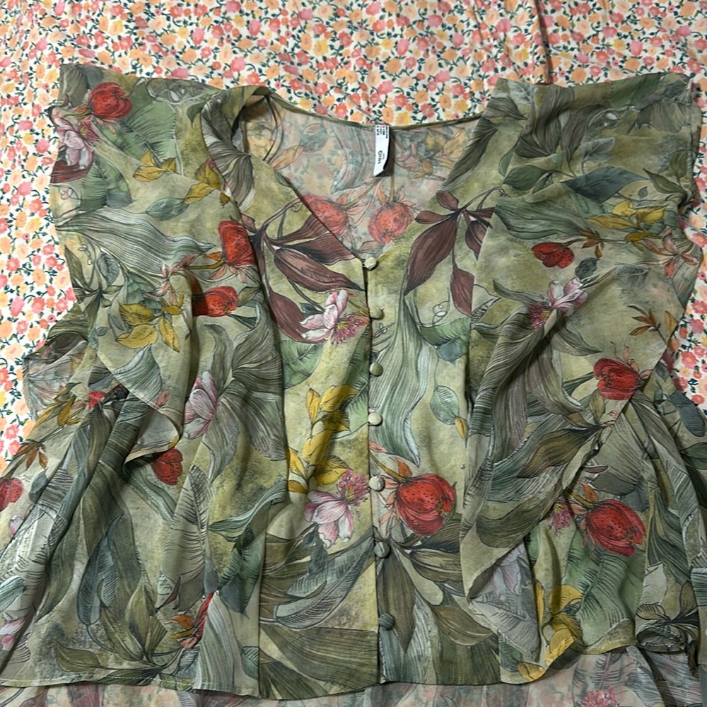 Mango Green Floral Ruffle Sleeve Flowy Top